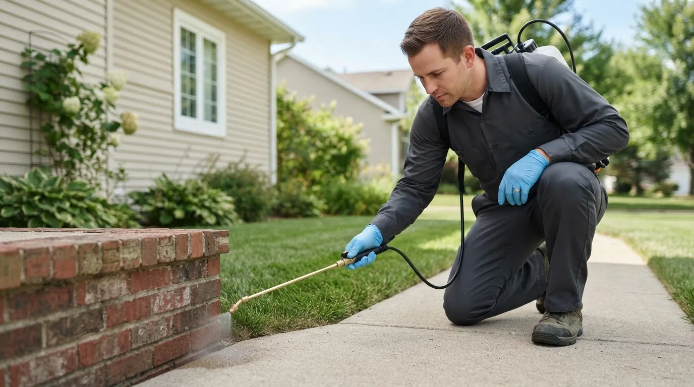 Pest control technician treating a home near Lucerne Valley, CA